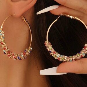 Elegant  Boho Multicolor  Rhinestone Gold Tone Hoop Earrings Lever Back Latch